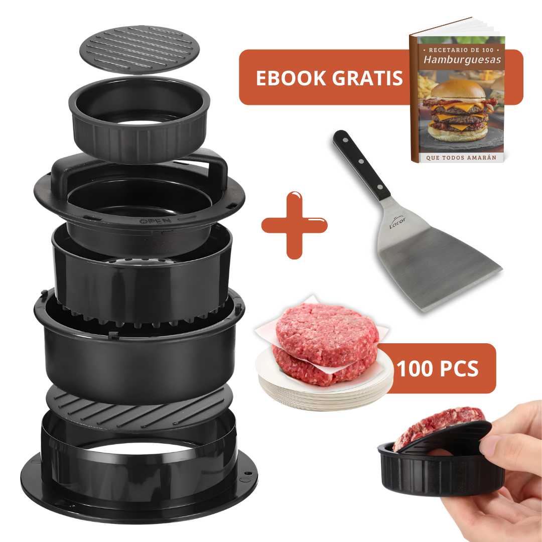 Prensa MultiBurger™ 3 en 1 + (KIT GRATIS: 100 papeles, pala especializada y E-Book)